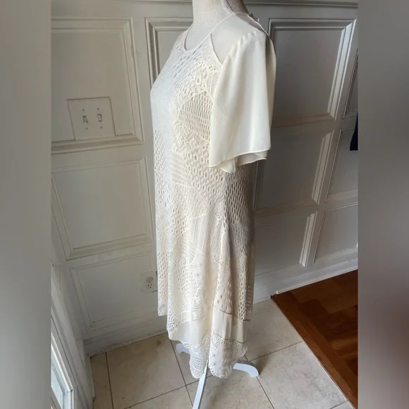 ❌SOLD❌ ALCHEMY THREAD SMALL IVORY CREAM PATCHWORK ASYMMETRICAL SHARK BITE HEM - Picture 2 of 7